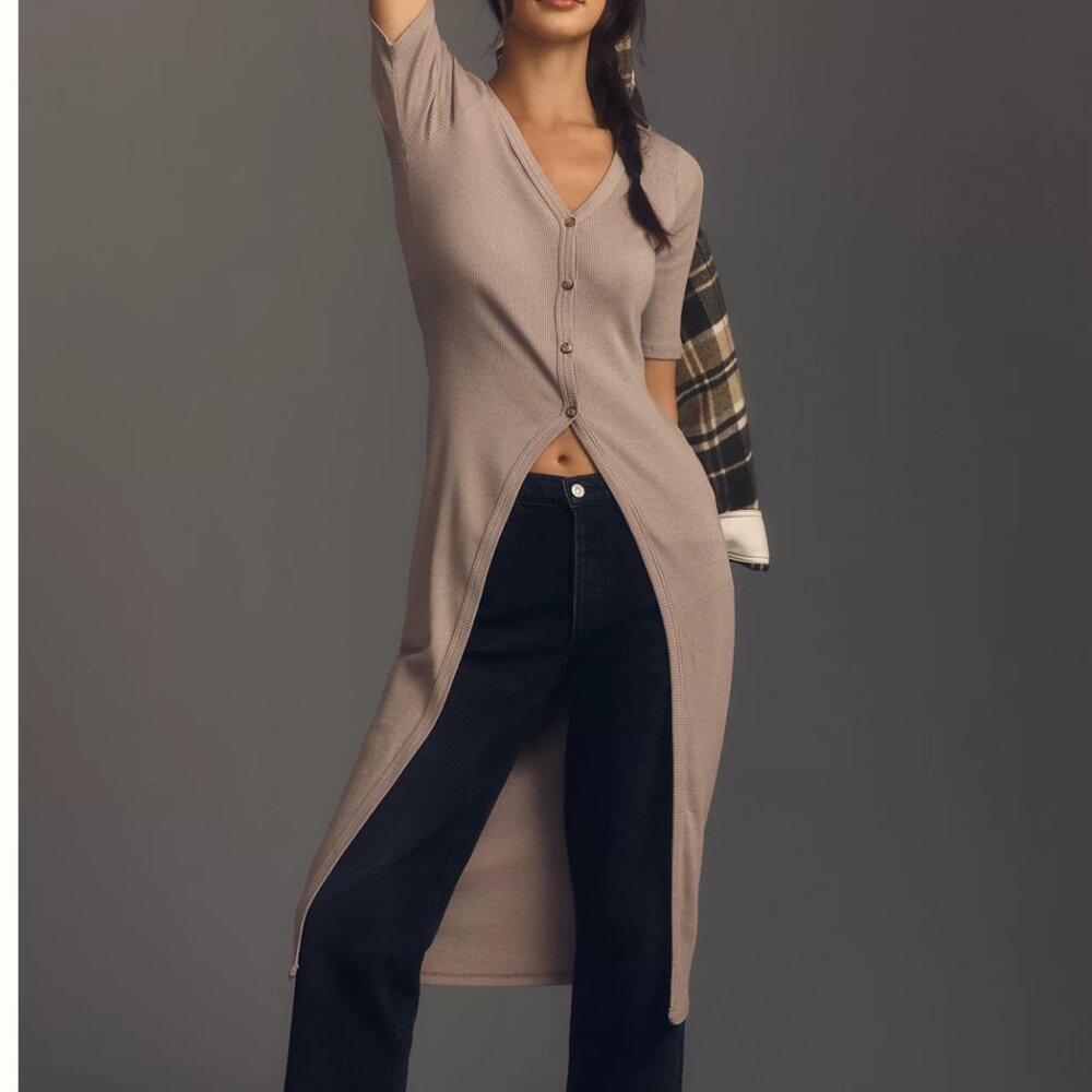 T.La Designed for Anthropologie Short-Sleeve Rib Duster Cardigan – Gray – XS